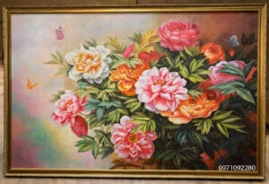 Tranh sơn dầu hoa mẫu đơn đẹp treo tường