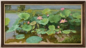 Tranh sơn dầu hoa sen đẹp treo tường phòng khách