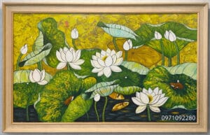 Tranh hoa sen trắng đẹp vẽ tay thủ công sơn dầu