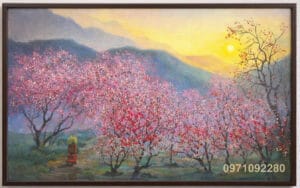 Tranh phong cảnh hoa đào mùa xuân nơi núi rừng