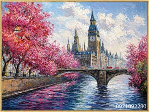 Tranh trừu tượng thành phố thời gian hiện đại bên sông
