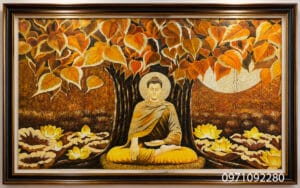 Tranh vẽ tay sơn dầu phật ngồi dưới gốc cây bồ đề đẹp cao cấp